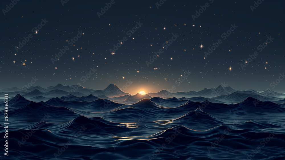 Obraz premium Ethereal Night Ocean with Starry Sky & Soft Waves Creating a Serene Landscape