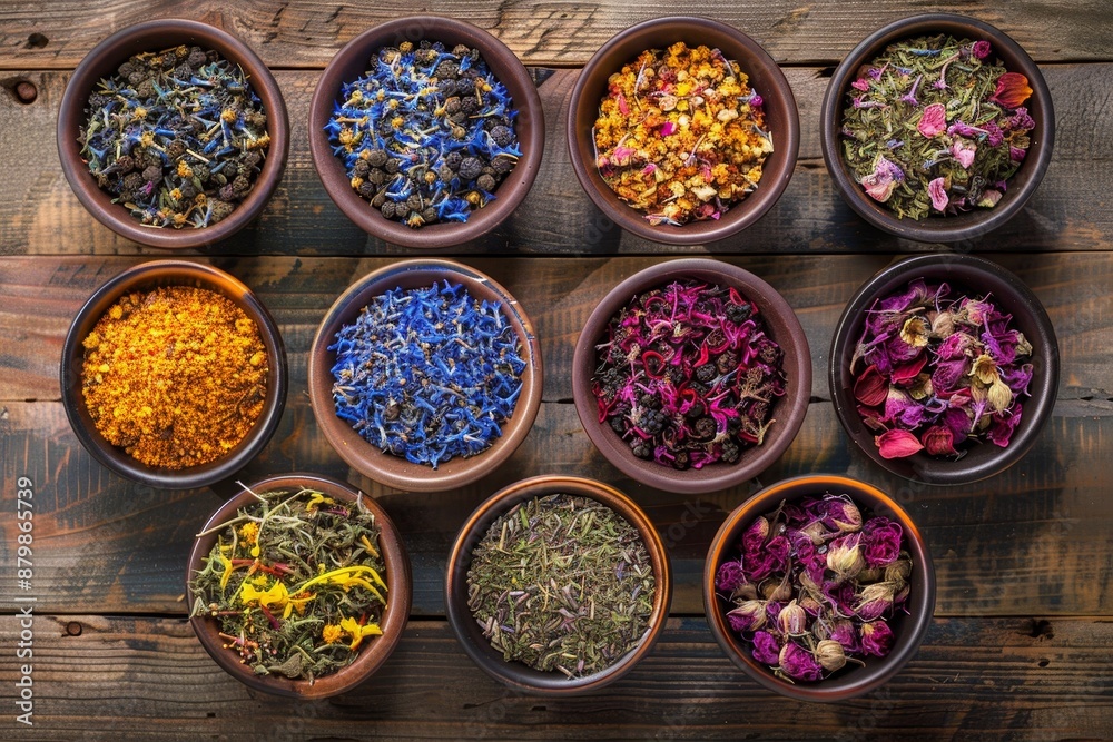 Various herbal and berry teas on wood Teatime with medicinal herbs like linden calendula and marigold Various herbal and berry teas on wood Teatime with medicinal herbs like linden calendula and marigold