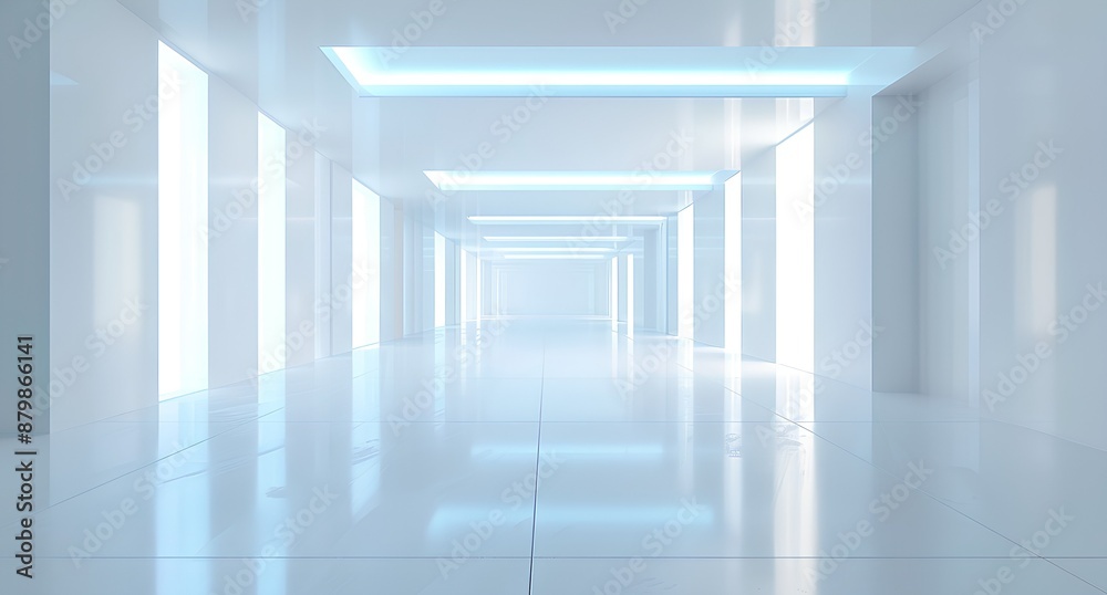Fototapeta premium 3d render of futuristic light blue and white corridor with doors on sides, glowing lights in the background, white floor, minimalistic, high resolution