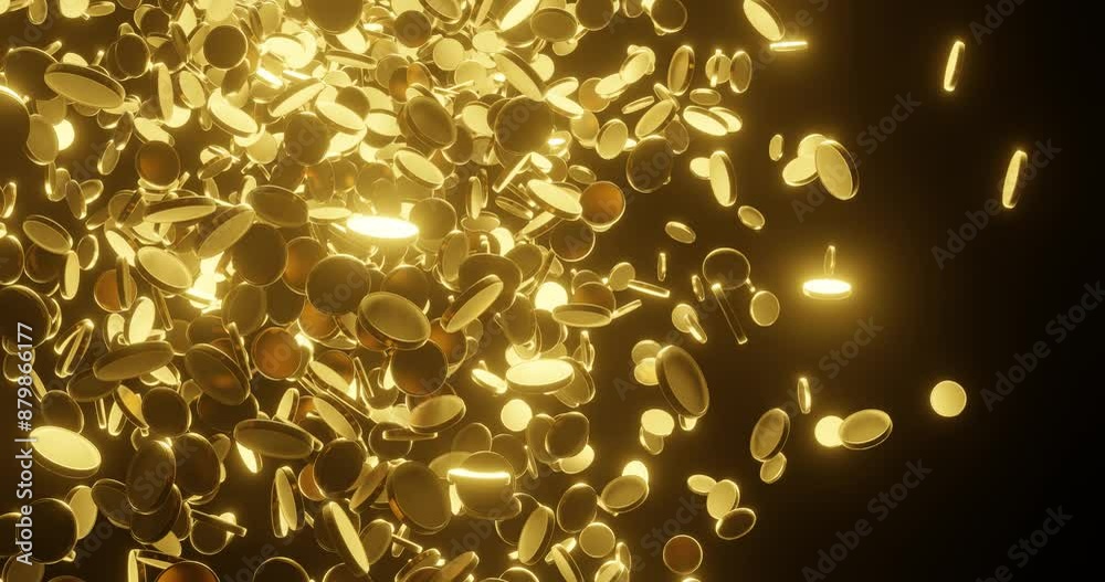 Gold coins falling on black background 3D render