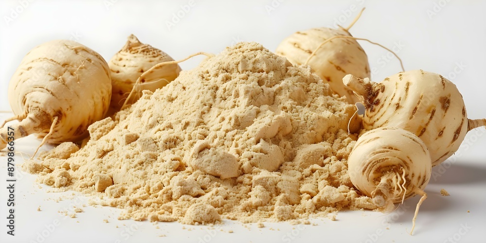 Fototapeta premium Isolated White Peruvian Maca Powder A Nutritional Powerhouse Similar to Ginseng Root. Concept Yes, Peruvian Maca powder is often praised for its nutritional benefits
