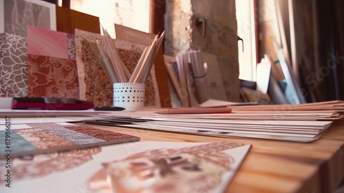 Designer's work area with sketches, fabric samples, and tools spread out on a white table.