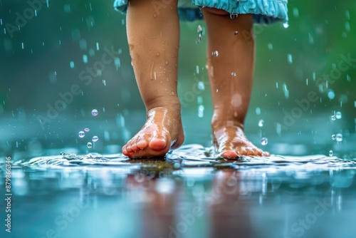 Child's feet in a watery puddle, droplets scattered around, with a blue-green backdrop, capturing the beauty of a rainy summer scene.