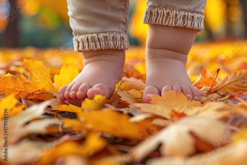 A child's bare feet walking through a colorful tapestry of autumn leaves symbolizing the beauty of the woods in autumn.