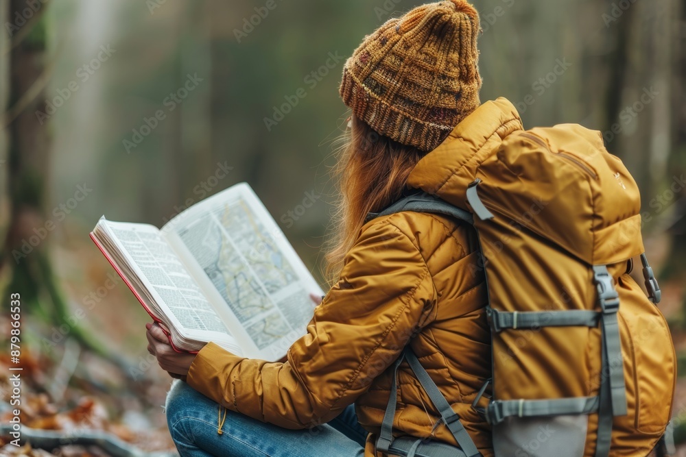 Fototapeta premium Woman Studying Map While Hiking in Autumn Forest