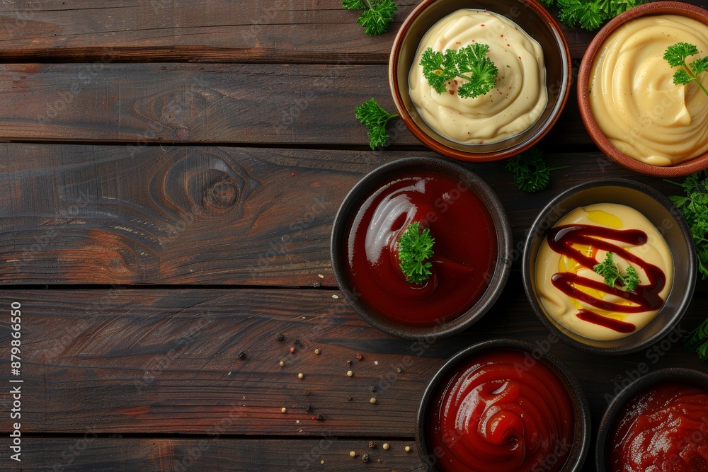 Various sauces like ketchup mayonnaise BBQ soy mustard adzhika chutney tkemali in bowls on wooden background Top view with copy space