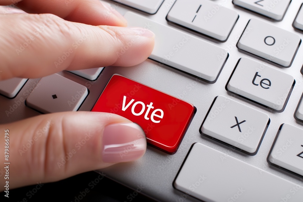 Female hand pressing vote button on laptop keyboard. Online voting concept. Female hand pressing vote button on laptop keyboard. Online voting concept.