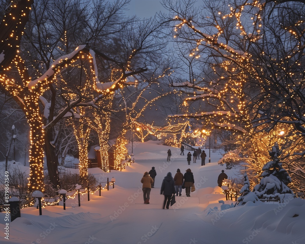 a group of people walking down a snow covered path a group of people walking down a snow covered path