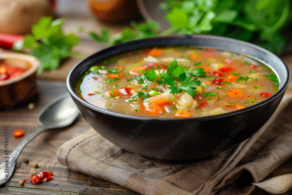 Vegetable Manchow Soup in dark bowl on wood surface Vegetable Manchow Soup in dark bowl on wood surface