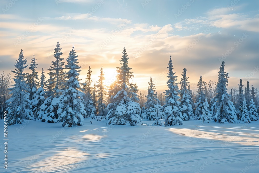 the sun is shining through the trees in the snow the sun is shining through the trees in the snow