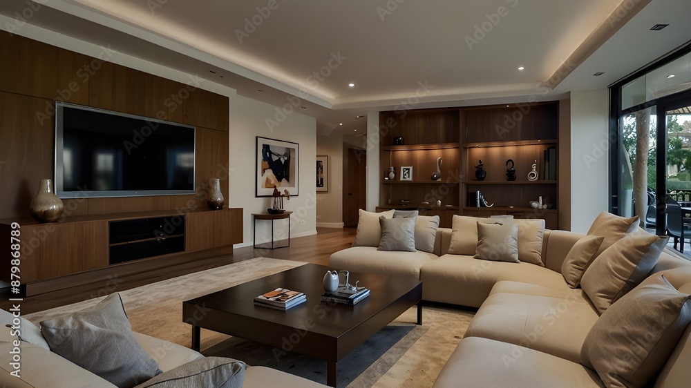sophisticated living area featuring a large TV. sophisticated living area featuring a large TV.