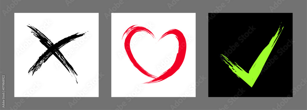 The cross, heart and OK symbol are hand-drawn with a brush. Prohibition, denial, error. Love. Approval, consent. Vector, set of 3 characters The cross, heart and OK symbol are hand-drawn with a brush. Prohibition, denial, error. Love. Approval, consent. Vector, set of 3 characters