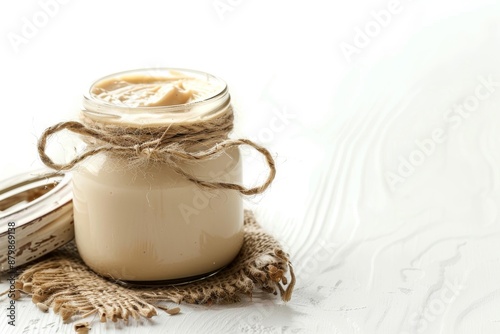 White background with delicious tahini jar photo