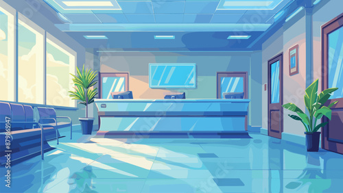 Interior of a Hospital Reception Cartoon Game Background Medical Healthcare Facility Clinic Waiting Area Reception Desk Patients Health Services Illustration