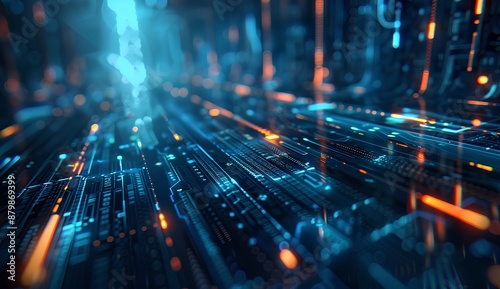 Abstract digital background with blue and orange lights, futuristic technology concept, dark blurred cityscape background, AI big data, cyber security system in the style of futuristic technology