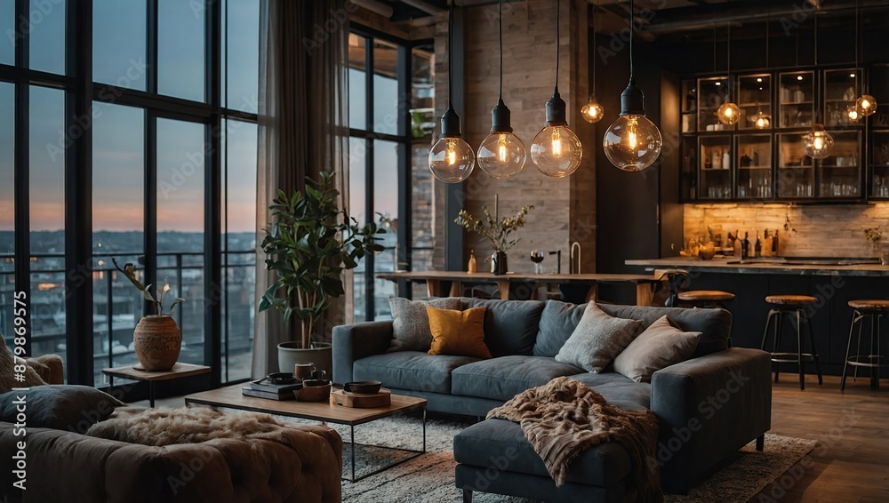 Stylish housing boasts an interior adorned with elements of loft style, including industrial-inspired incandescent lamps Stylish housing boasts an interior adorned with elements of loft style, including industrial-inspired incandescent lamps