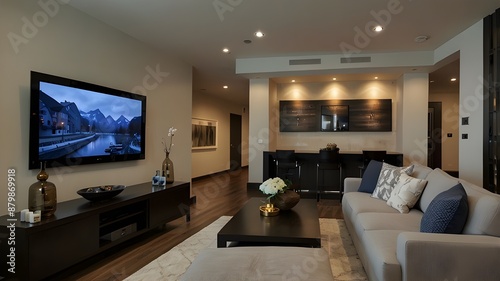 sophisticated living area featuring a large TV.