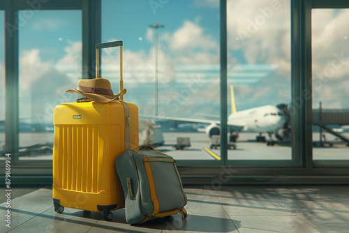 A yellow suitcase and travel accessories on an airport background with an airplane in the sky