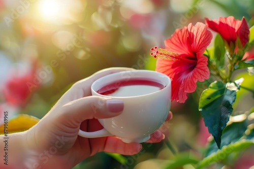 Woman s hand holding a red tea cup Close up of female hand with hibiscus tea Healthy lifestyle photo