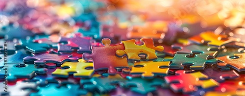 Colorful puzzle pieces, each piece representing different aspects of the creative process. The background is blurred to emphasize the vibrant colors and textures of the jigsaw puzzles