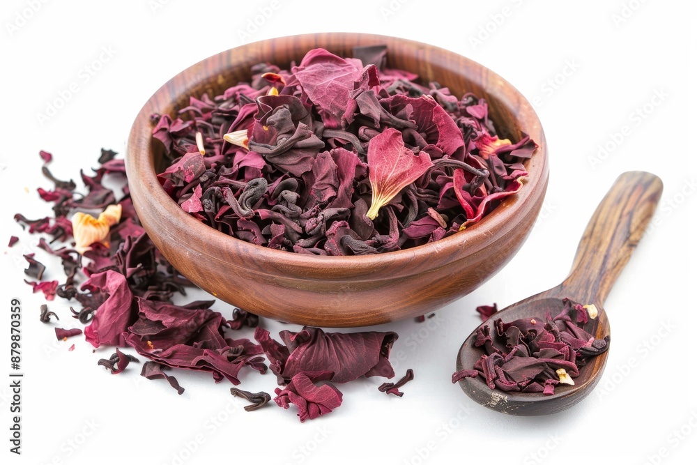 Wooden spoon in bowl of fragrant Hibiscus tea on white background Wooden spoon in bowl of fragrant Hibiscus tea on white background