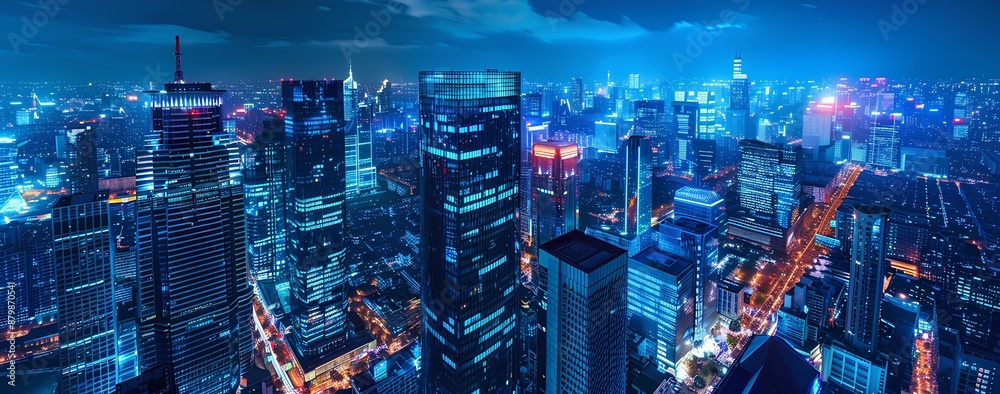 Fototapeta premium A panoramic view of the city skyline at night, illuminated neon lights and skyscrapers, with busy streets below. Blue background, photorealistic style, wide-angle lens for a bird's-eye perspective, ne