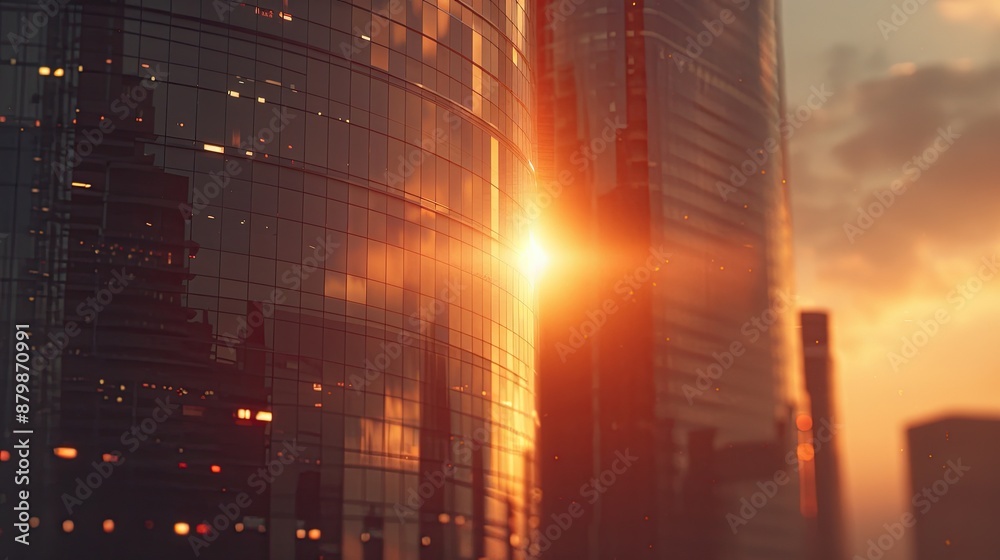 Fototapeta premium A modern office skyscraper. View from below of a tall glass and steel high-rise building. Sunset sky. Illustration for cover, card, postcard, interior design, banner, poster, brochure or presentation.