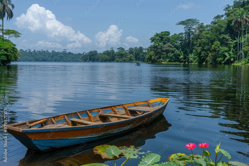 Obraz premium Wooden Boat Moored on a Serene Lake in a Tropical Rainforest