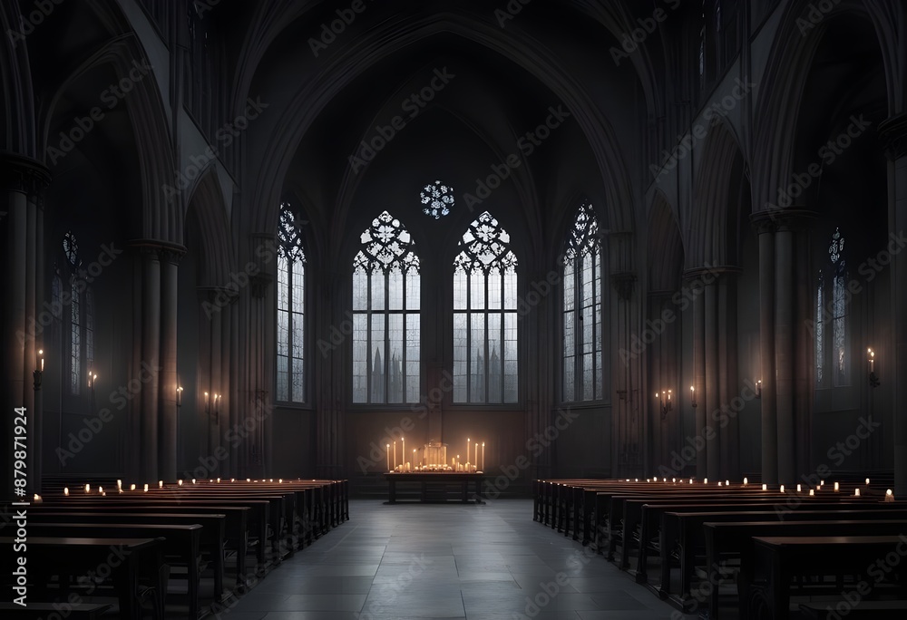 Obraz premium A dark, gothic cathedral interior with tall arched windows, candles, and a mysterious, ethereal atmosphere