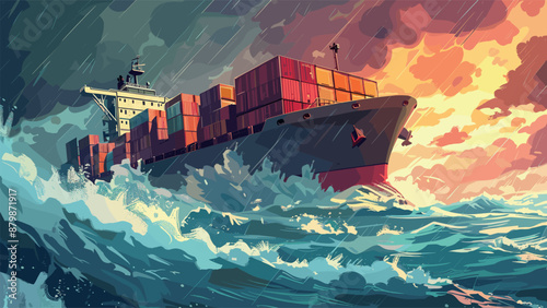 Large Container Ship in the Stormy Ocean Game Background Cartoon Game Level Illustration Maritime Transport Cargo Vessel Rough Sea Waves Storm Adventure Illustration