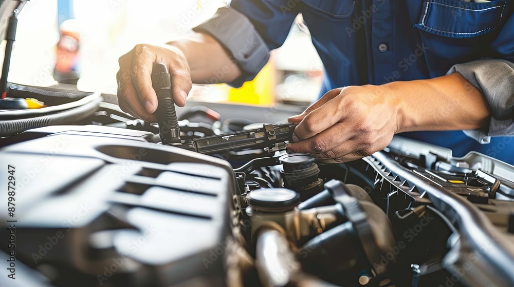 A mechanic works with the engine of a vehicle. The concept of precision and experience: the technician thoroughly inspects, diagnoses faults, inspects or repairs the car. Illustration for design. A mechanic works with the engine of a vehicle. The concept of precision and experience: the technician thoroughly inspects, diagnoses faults, inspects or repairs the car. Illustration for design.