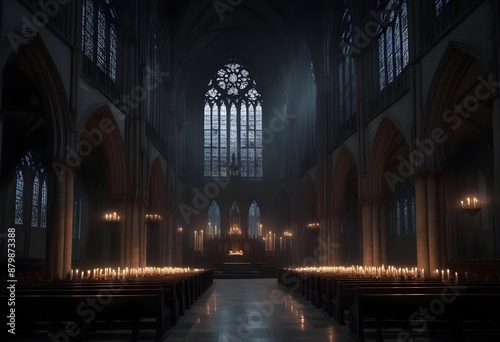 Wallpaper Mural A dark, gothic cathedral interior with tall arched windows, candles, and a mysterious, ethereal atmosphere Torontodigital.ca