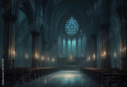 A dark, gothic cathedral interior with tall arched windows, candles, and a mysterious, ethereal atmosphere © Lied