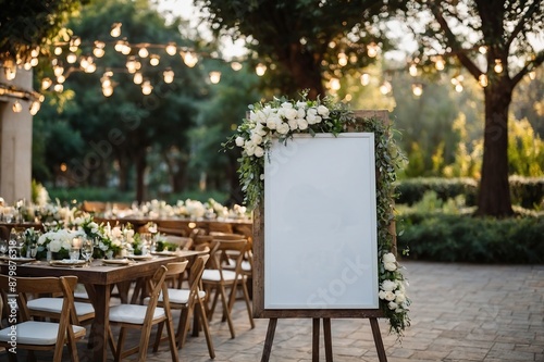 Wedding white Board, welcome sign Mockup , outdoors. Greeting template