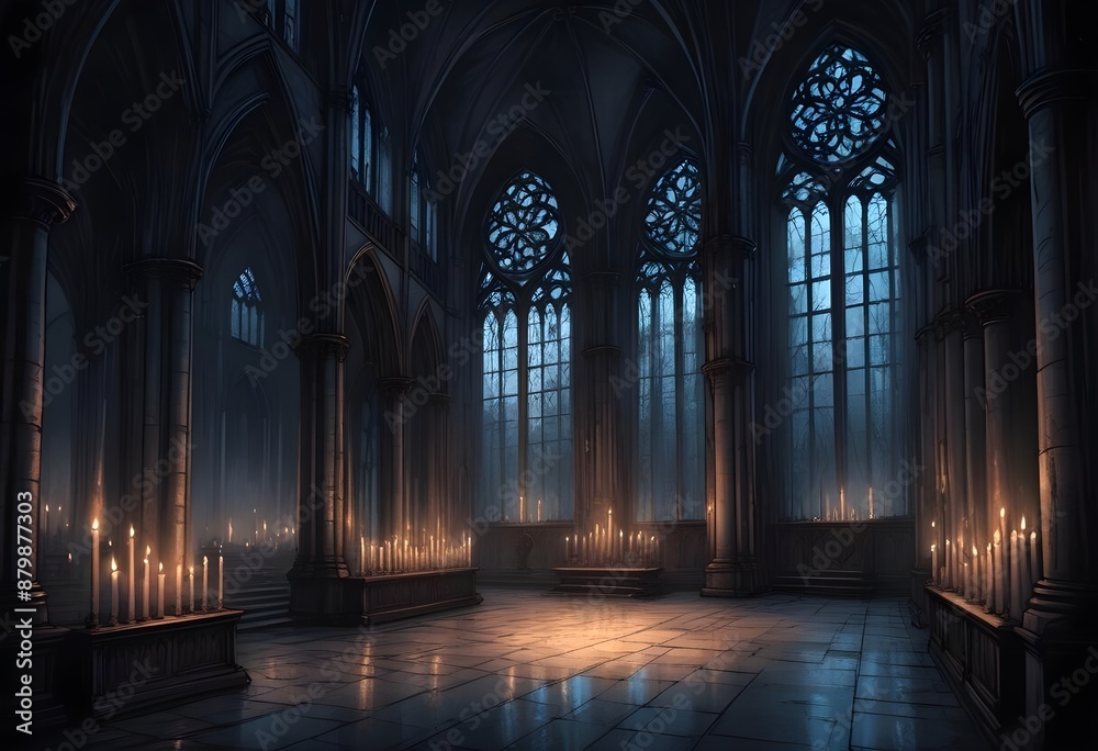 Obraz premium A dark, gothic cathedral interior with tall arched windows, candles, and a mysterious, ethereal atmosphere