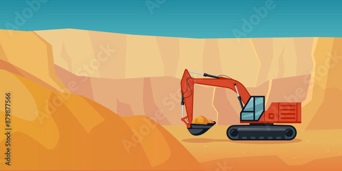 Sand quarry with a digging excavator. Horizontal industrial landscape image in cartoon style. Vector illustration.