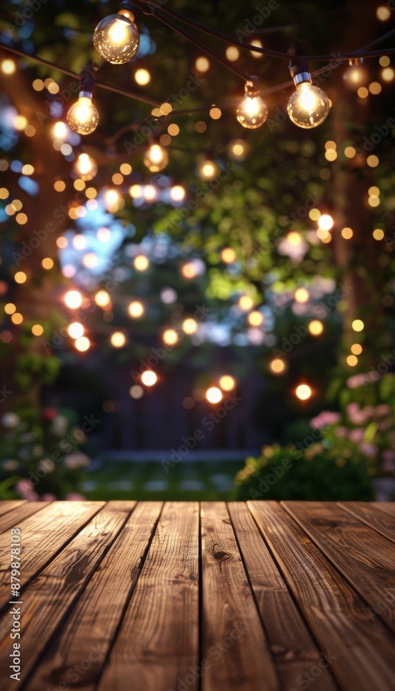 Empty wood table top against backdrop decorative outdoor string lights in garden at night Empty wood table top against backdrop decorative outdoor string lights in garden at night