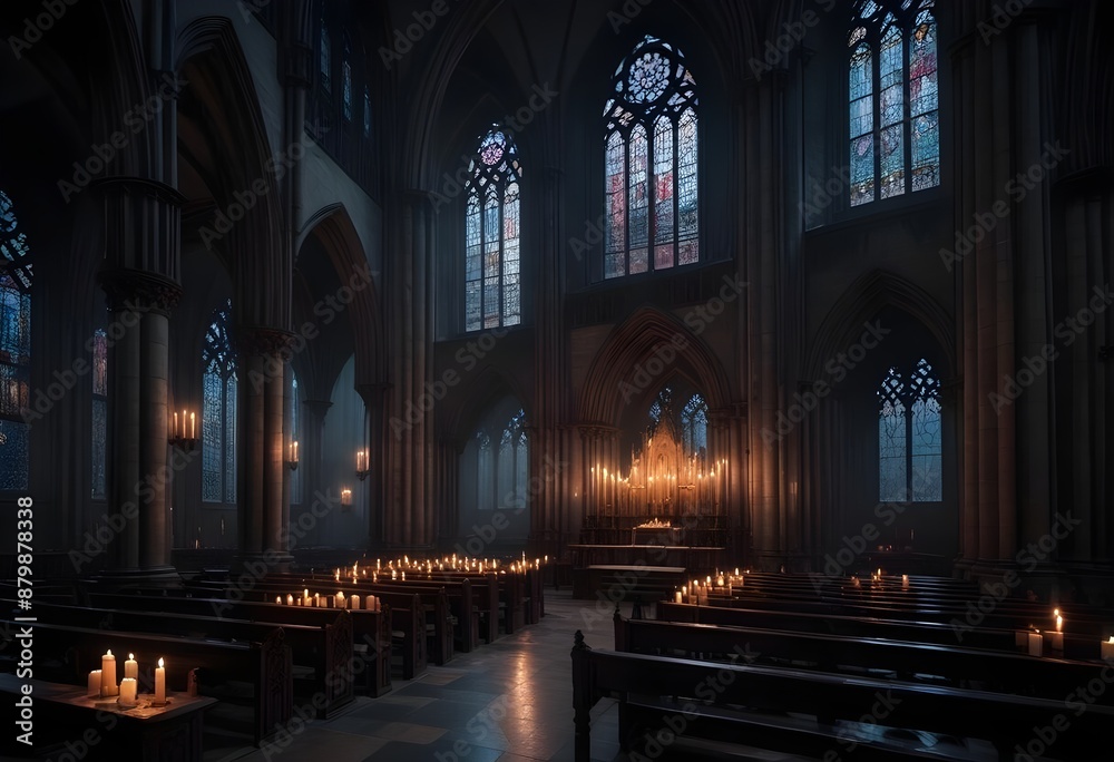 Fototapeta premium A dark, gothic cathedral interior with tall arched windows, candles, and a mysterious, ethereal atmosphere