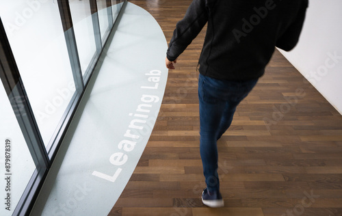 Walking on Vinyl Wood Floor with Glass Window View