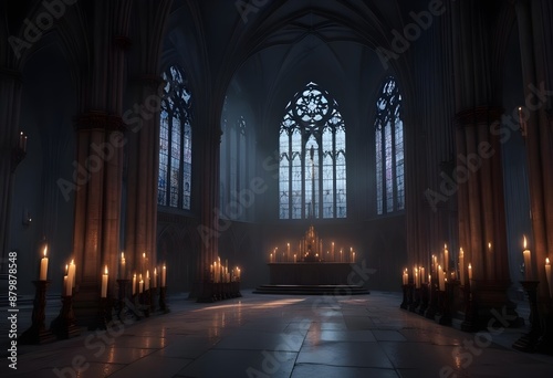 A dark, gothic cathedral interior with tall arched windows, candles, and a mysterious, ethereal atmosphere