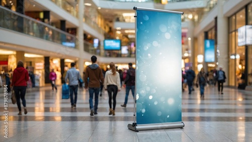 White Blank roll-up banner mockup in shopping mall, ready for customized advertising design