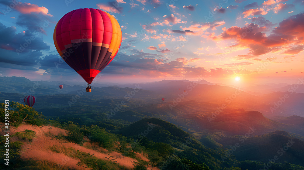 Fototapeta premium Gorgeous, inspirational scenery with hot air balloons soaring overhead, a destination for travel
