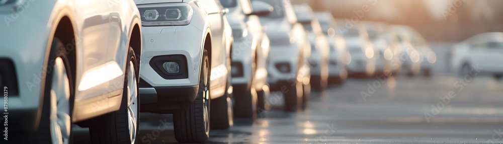 A row of white cars parked closely in a lot, captured at sunset with a shallow depth of field highlighting the front of the vehicles. A row of white cars parked closely in a lot, captured at sunset with a shallow depth of field highlighting the front of the vehicles.
