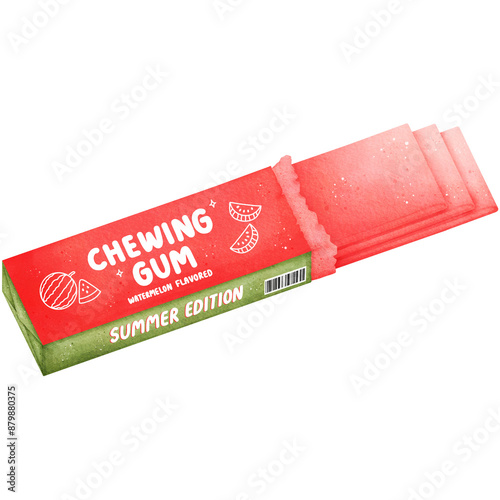 Watercolor Watermelon Flavored Chewing Gum Illustration Isolated on Transparent Background