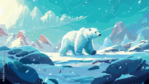 Polar Bear Walks Across a Snow-Covered Arctic Field Cartoon Game Background Arctic Wildlife Scenic Tundra Adventure Illustration Ice-covered Landscape Frozen Wilderness
