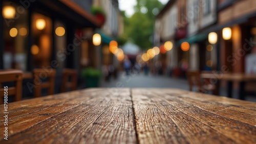 Wooden Tabletop With Blurry Background Of Colorful Decorated Street