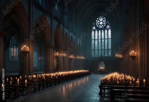 A dark, gothic cathedral interior with tall arched windows, candles, and a mysterious, ethereal atmosphere