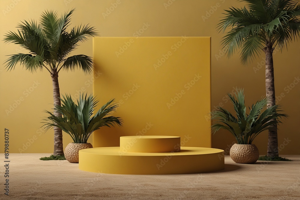Yellow podium product background 3d summer display platform nature minimal. Product stand yellow background podium 3d tropical stage scene palm beauty Yellow podium product background 3d summer display platform nature minimal. Product stand yellow background podium 3d tropical stage scene palm beauty