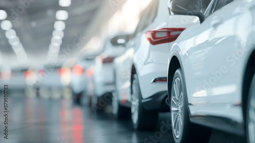 Line of white cars in a modern car dealership showroom with a blurred background, showcasing the rear view of the vehicles.