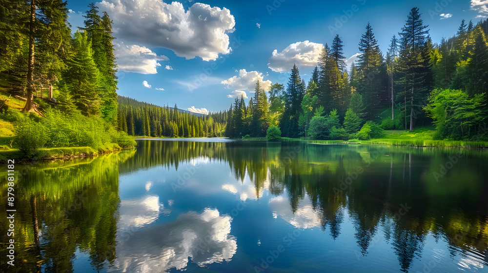 Fototapeta premium Tranquil Forest Lake Reflecting The Sky And Trees